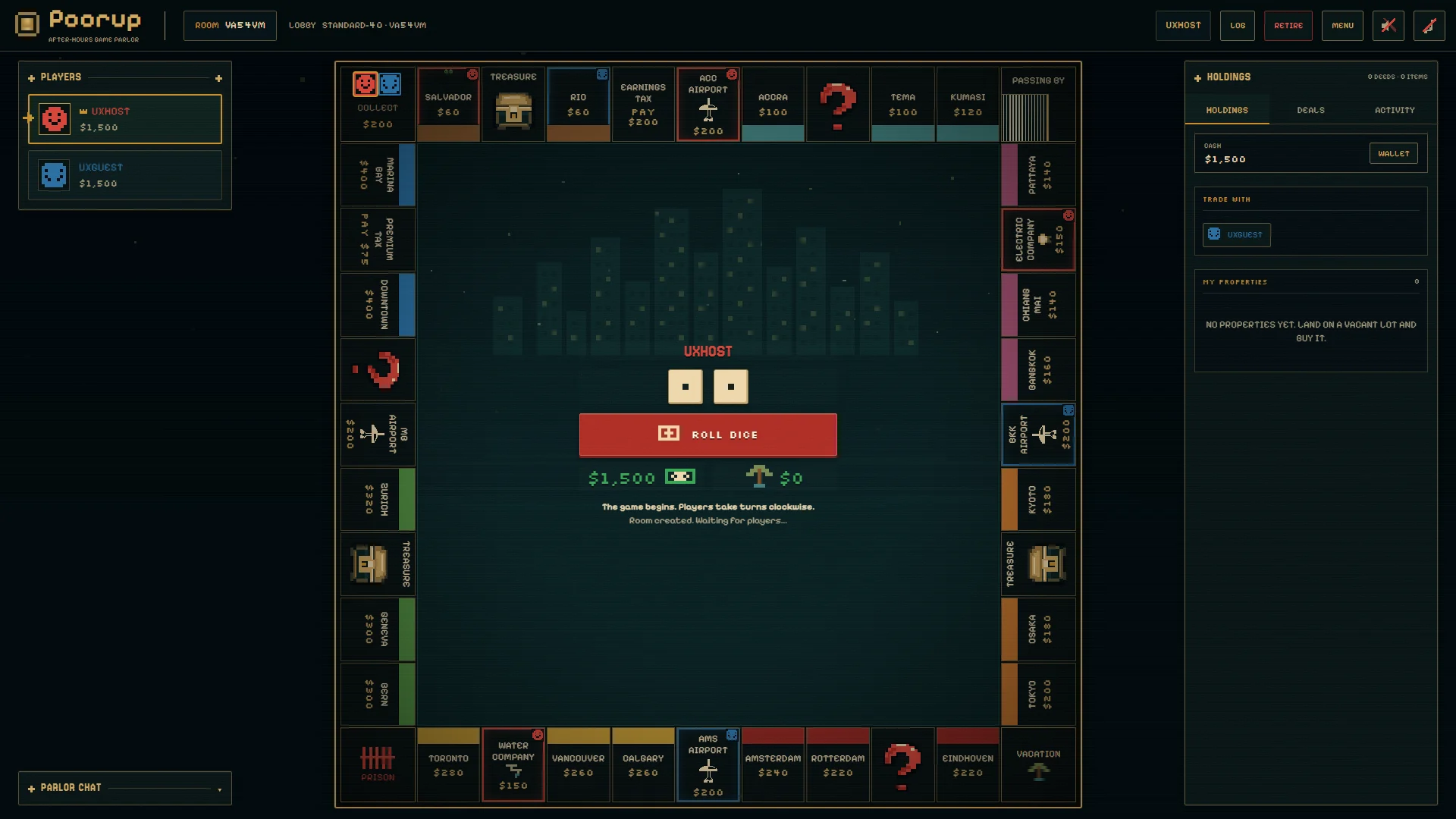 A Poorup room on the Standard-40 board. The player list is on the left, the dice and the Roll Dice button are in the middle, and the Holdings, Deals and Activity tabs are on the right.