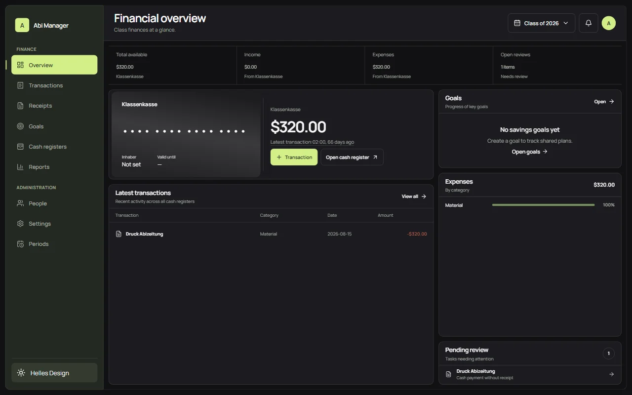 AbiVault's overview page in dark mode: key figures, a cash register card, the latest transaction, a goals panel and a receipt waiting for review.