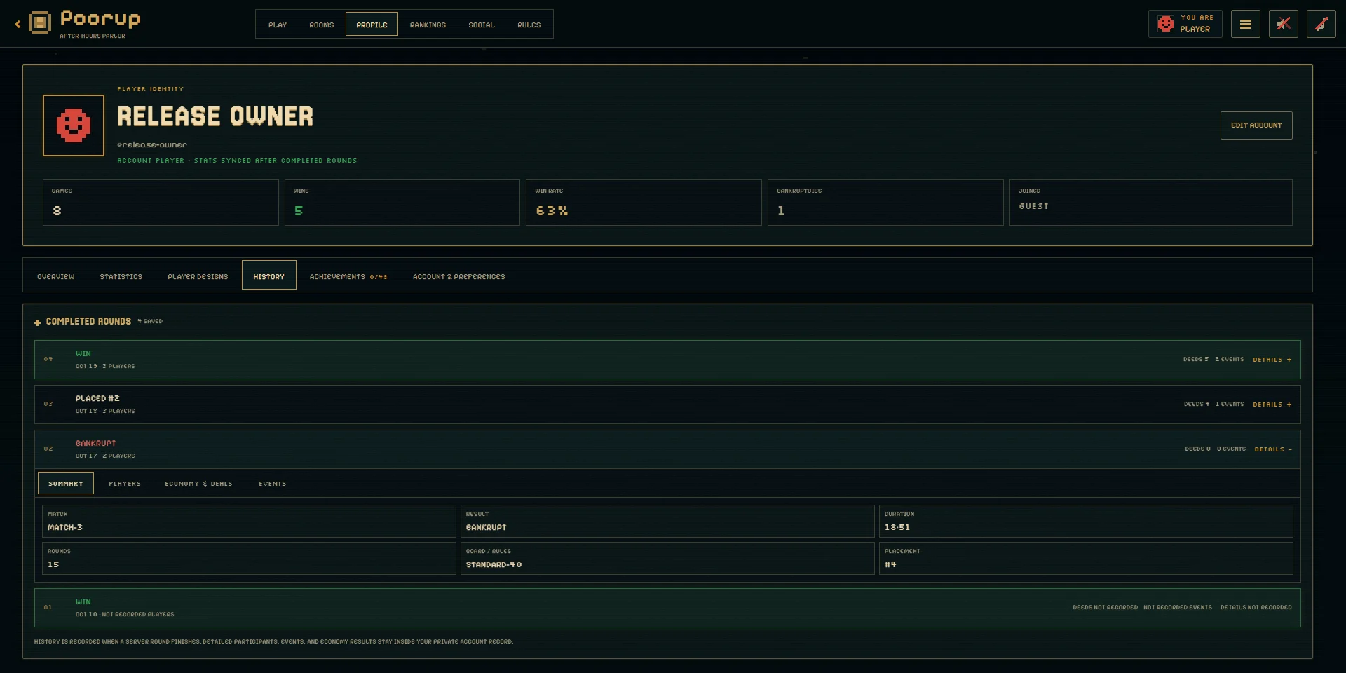 A Poorup profile page on the History tab, with games, wins and win rate on top and a list of completed rounds, one of them expanded.