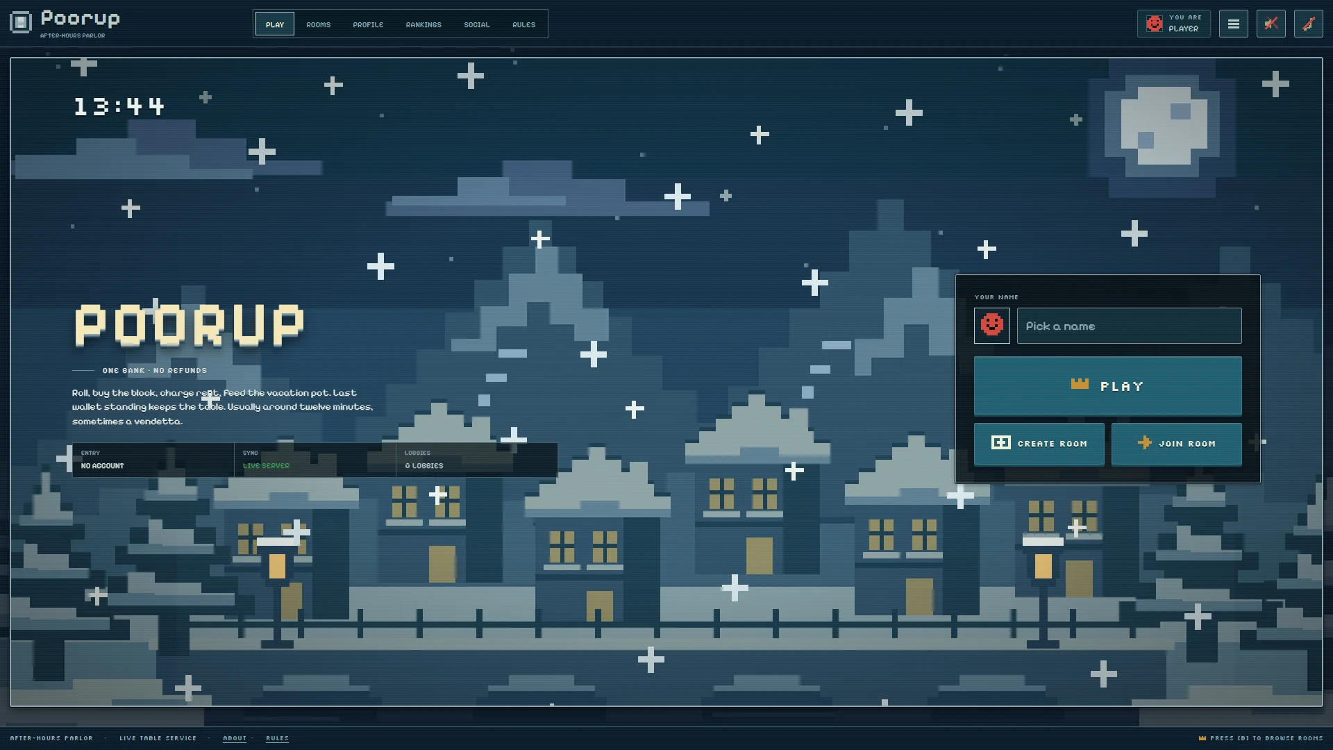 Poorup's start screen in the winter theme: a pixel-art village under a moon, with the Play, Create Room and Join Room buttons.