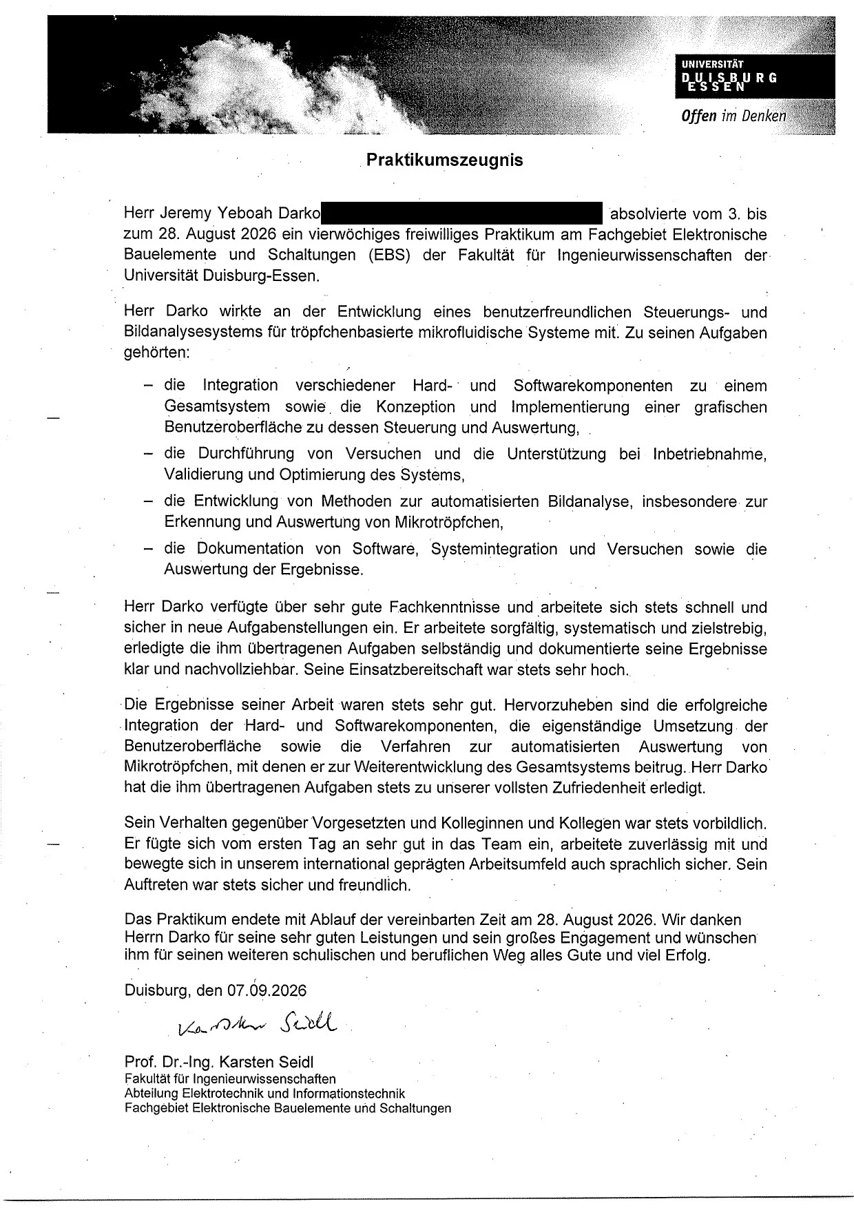 Second page of the internship reference from the University of Duisburg-Essen for Jeremy Darko, signed by Prof. Dr.-Ing. Karsten Seidl. The line with the date and place of birth is covered by a black bar.